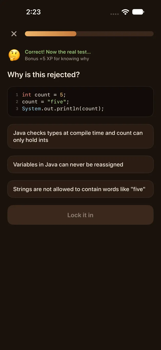 Brewlearn asks why the answer is correct after a Java question
